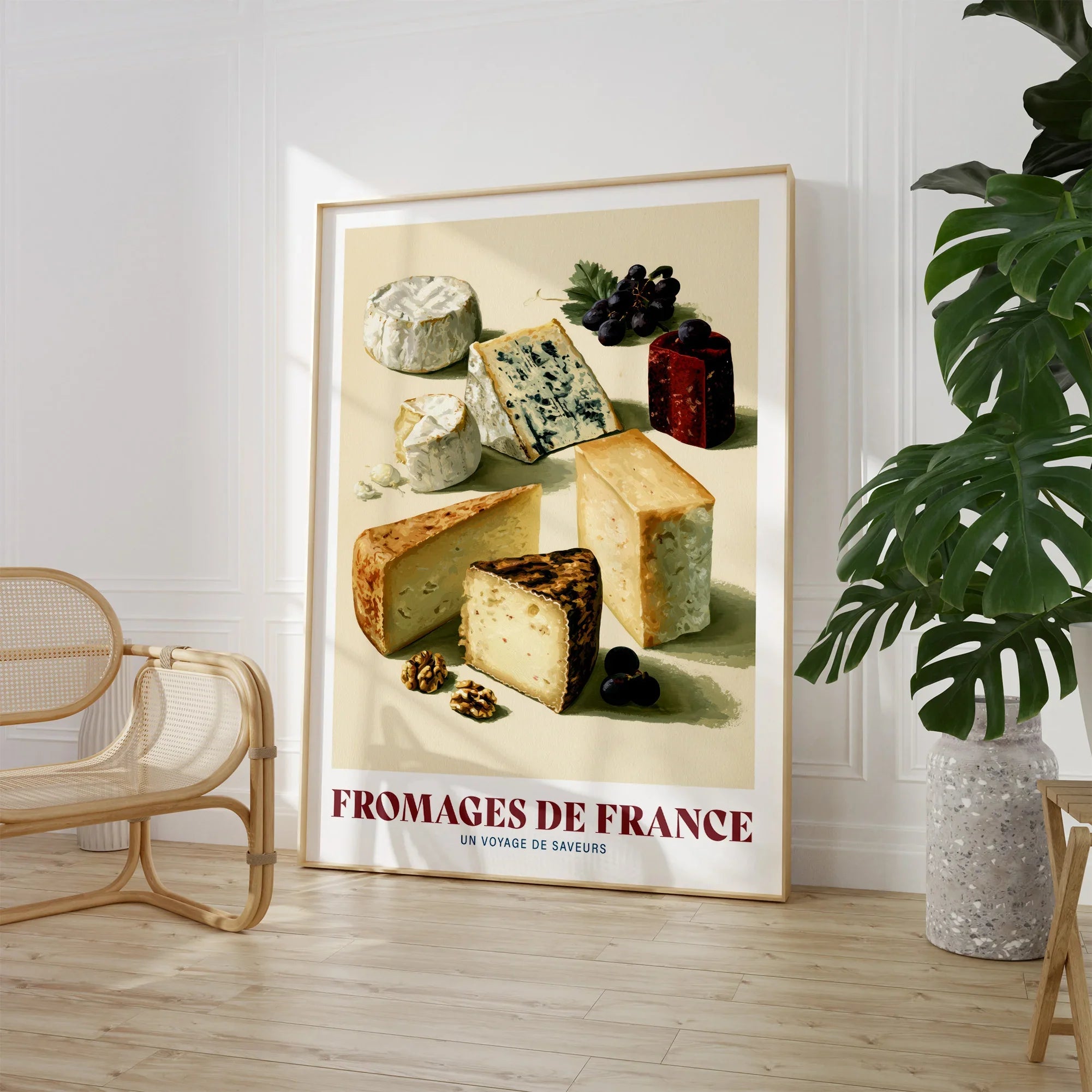 French Cheese Chart Kitchen Wall Art - large framed print room setting chair plant