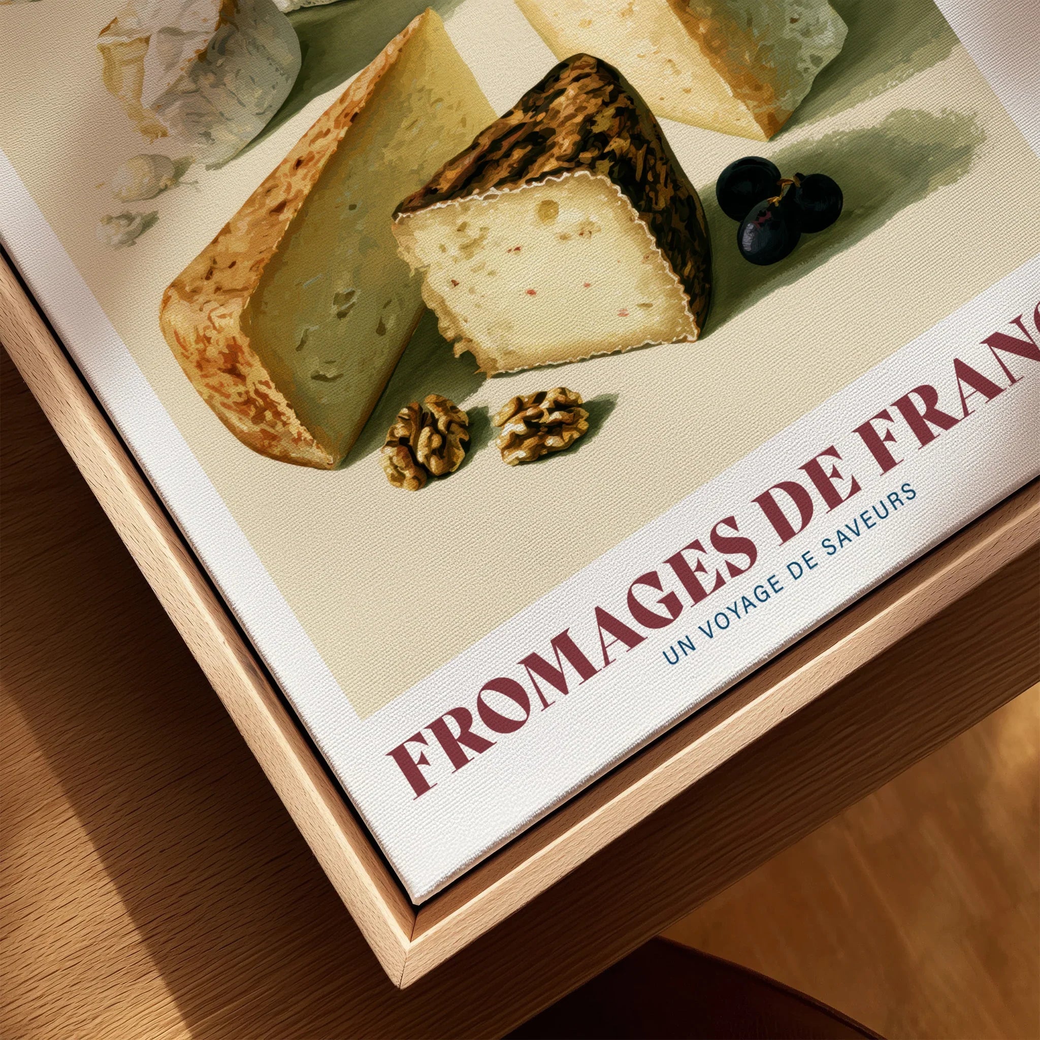 French Cheese Chart Kitchen Wall Art - closeup framed canvas natural wood floating frame