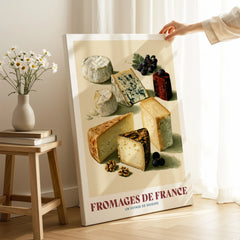 French Cheese Chart Kitchen Wall Art - canvas print mirror edge hand holding room setting