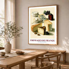 French Cheese Chart Kitchen Wall Art - dining room framed print natural wood frame mockup ThisArtWorld