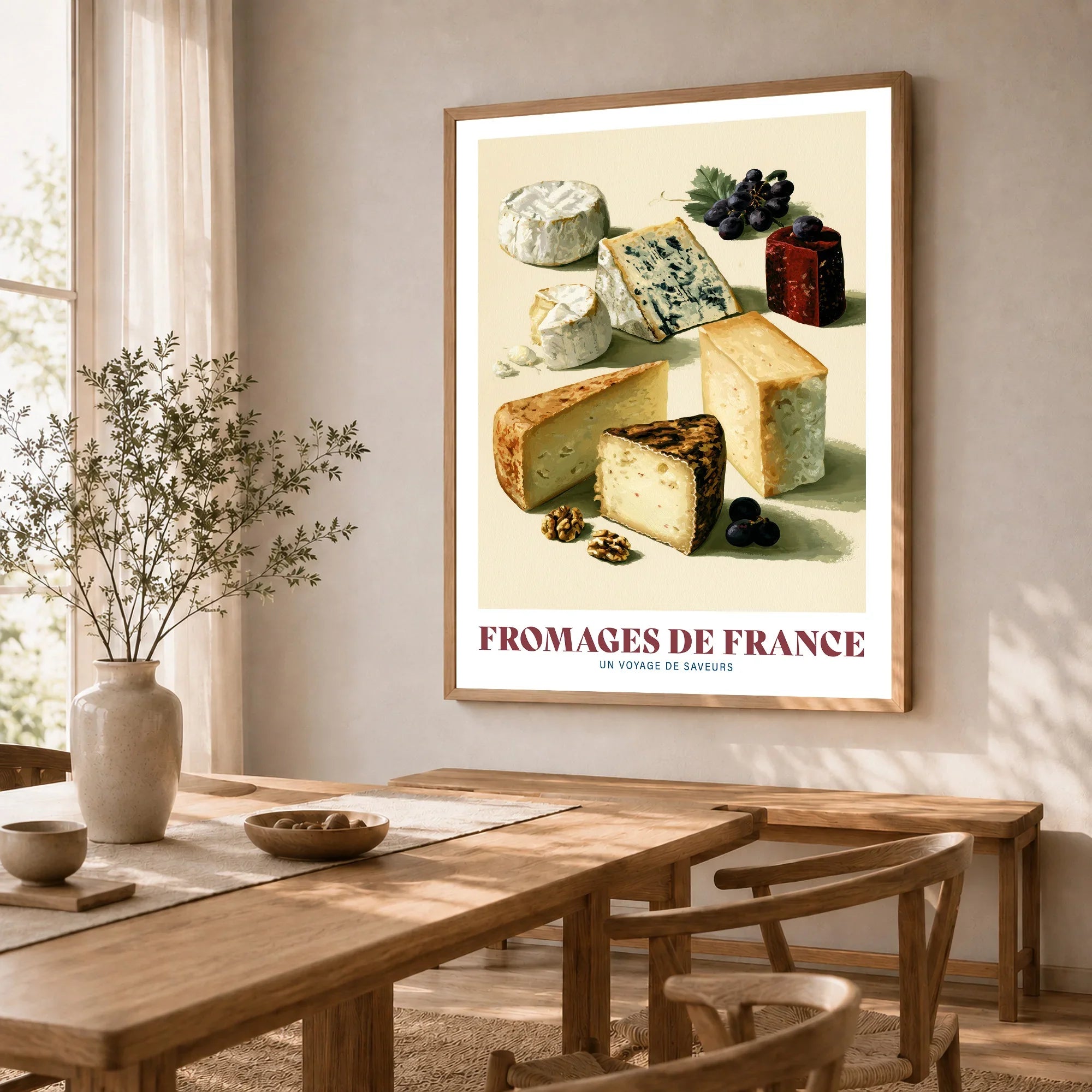 French Cheese Chart Kitchen Wall Art - dining room framed print natural wood frame mockup ThisArtWorld