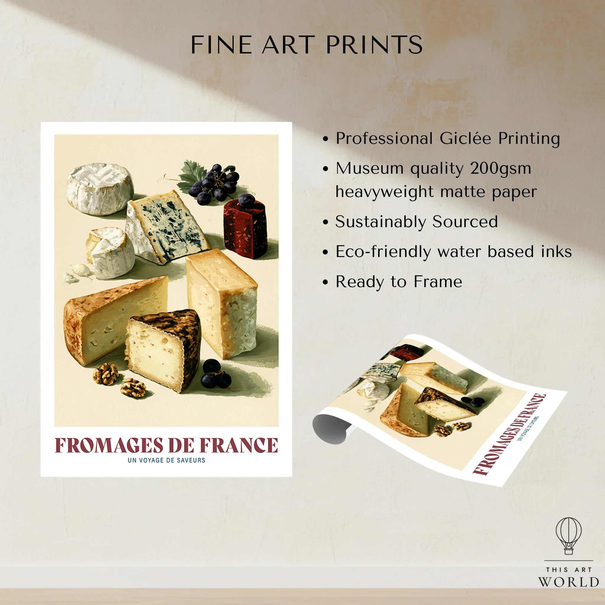 French Cheese Chart Kitchen Wall Art - fine art print unframed quality details