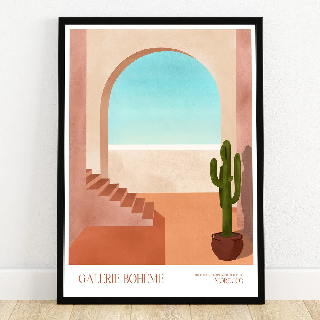 Framed travel poster of Moroccan architecture with archway, stairs, and cactus, wall art