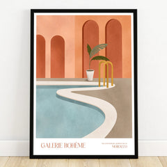 Modern Morocco architecture art print with pool, plant, and arched walls in a black frame