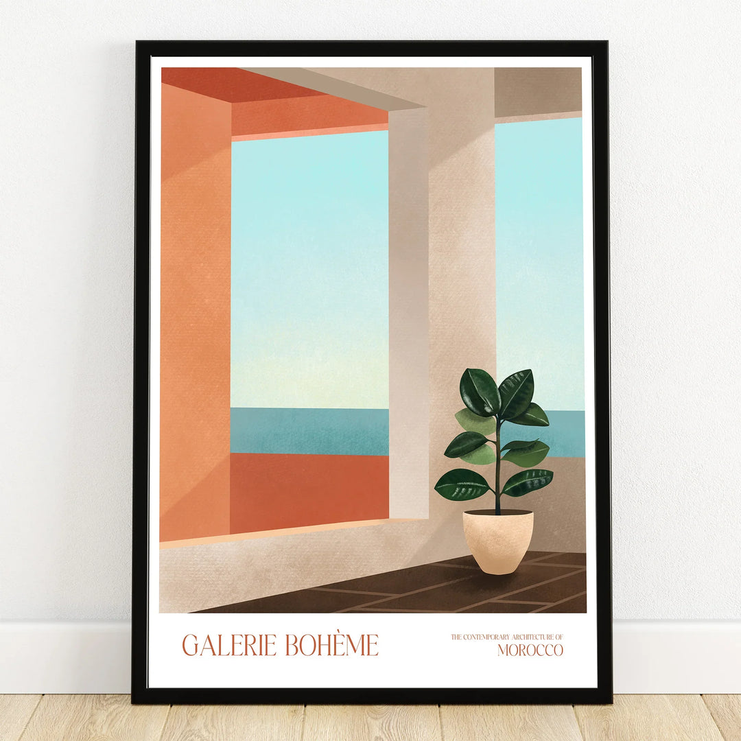 Framed modern Morocco travel poster with potted plant, sea view, and geometric architecture