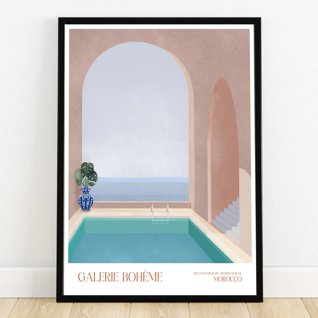 Modern Moroccan architecture wall art print with pool, archway, and seaside view
