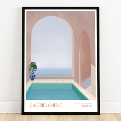 Modern Moroccan architecture wall art print with pool, archway, and seaside view