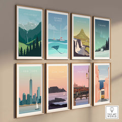 Collection of vibrant travel poster prints including Adelboden and other scenic locations.
