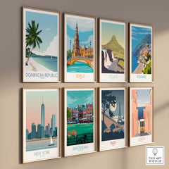 Gallery wall featuring vibrant travel posters including Dominican Republic, Seville, Iceland, and more.