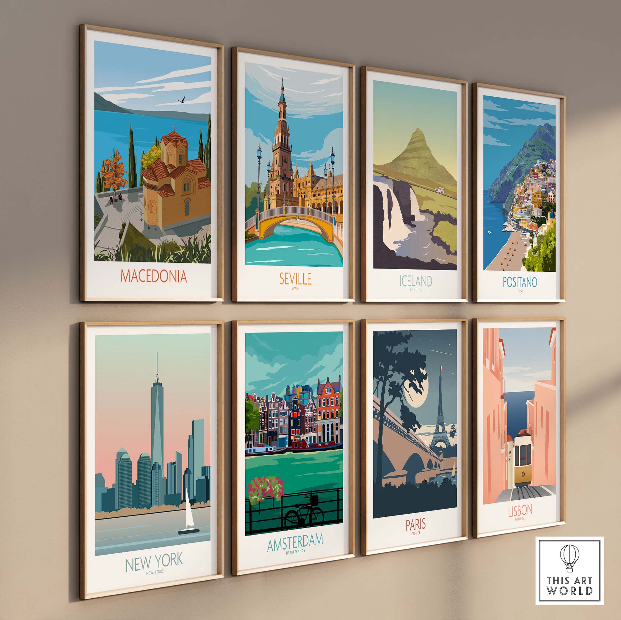 Collection of vibrant wall art prints featuring Macedonia, Seville, Iceland, Positano, New York, Amsterdam, Paris, and Lisbon.