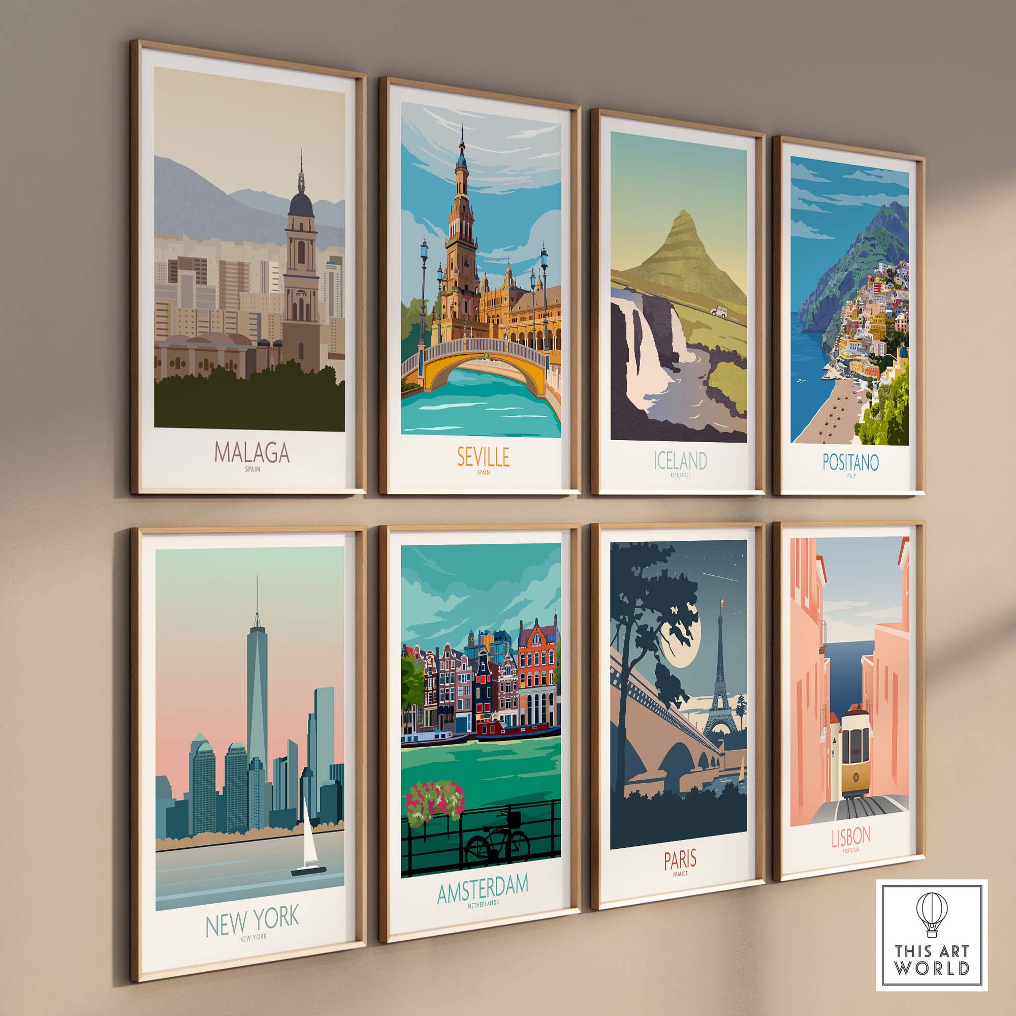 Collection of travel-themed wall art prints featuring cities like Malaga, Seville, New York, and Paris.