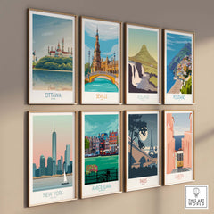 Gallery of city wall art prints including Ottawa, Seville, Iceland, Positano, New York, Amsterdam, Paris, and Lisbon.
