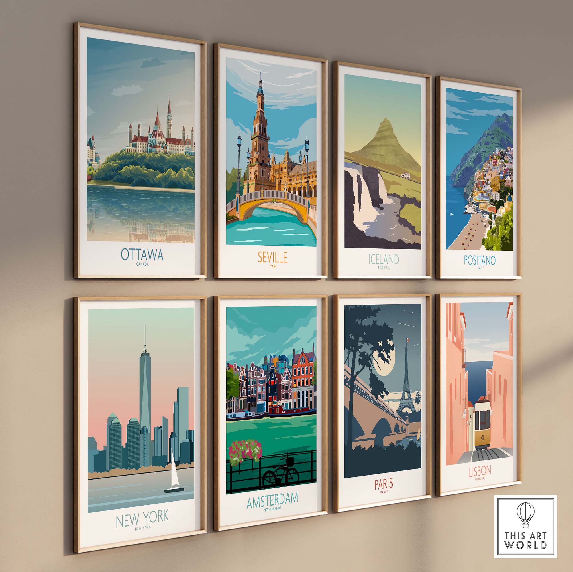 Gallery of city wall art prints including Ottawa, Seville, Iceland, Positano, New York, Amsterdam, Paris, and Lisbon.