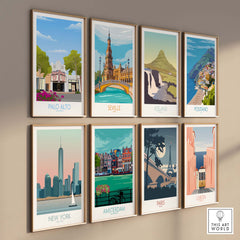 Framed wall art prints featuring Palo Alto, Seville, Iceland, and more iconic cities.