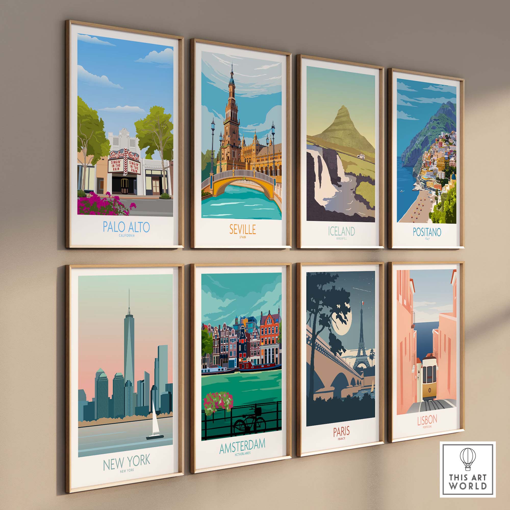 Framed wall art prints featuring Palo Alto, Seville, Iceland, and more iconic cities.