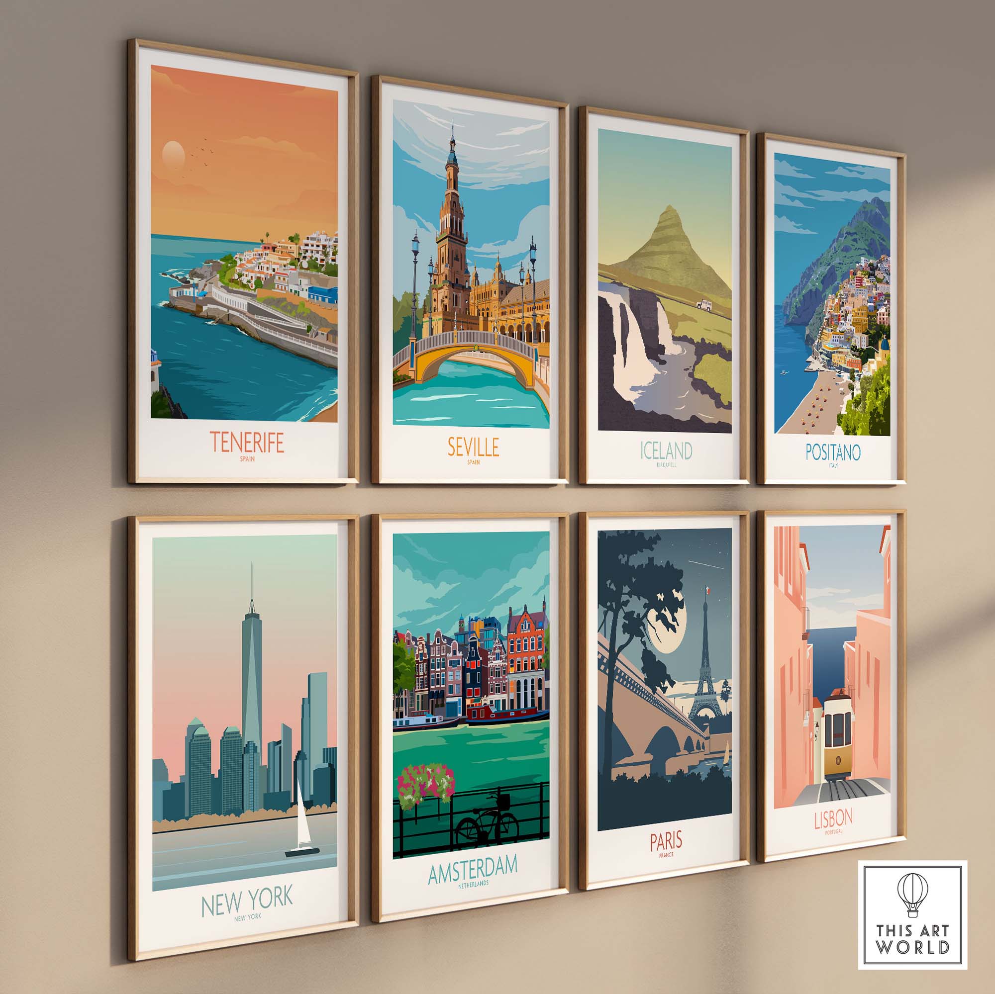 Tenerife Wall Art Print featuring vibrant designs of cities including Seville, Iceland, Positano, New York, and Paris.