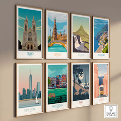 Truro Wall Art Print showcasing vibrant cityscapes including Seville, Iceland, Positano, and more in a stylish gallery display.