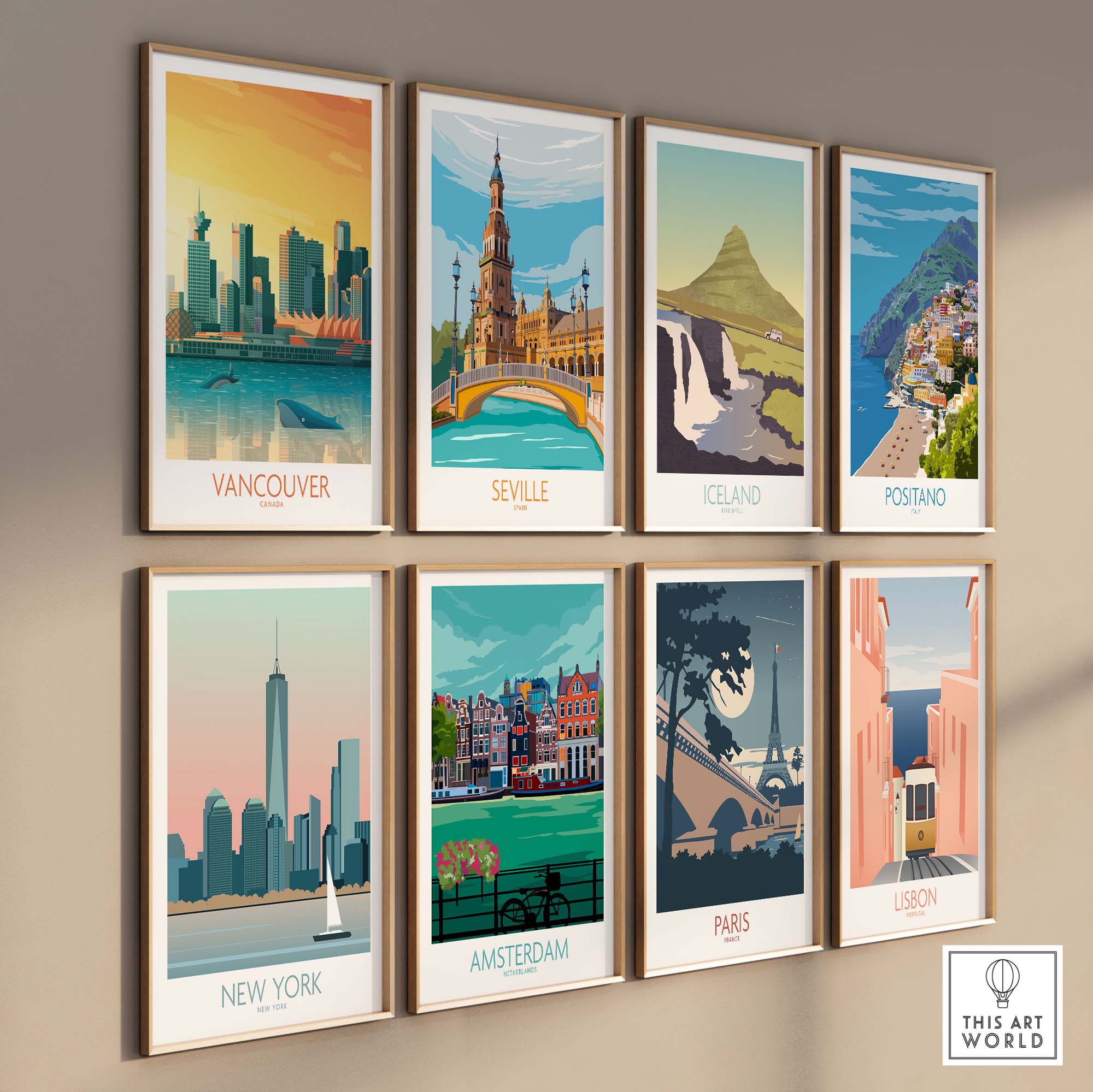 Gallery of vibrant city wall art prints including Vancouver, Seville, Iceland, and more, enhancing home decor.