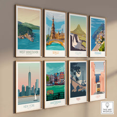 Gallery of travel-themed wall art prints featuring iconic locations like West Vancouver, Seville, and Paris.