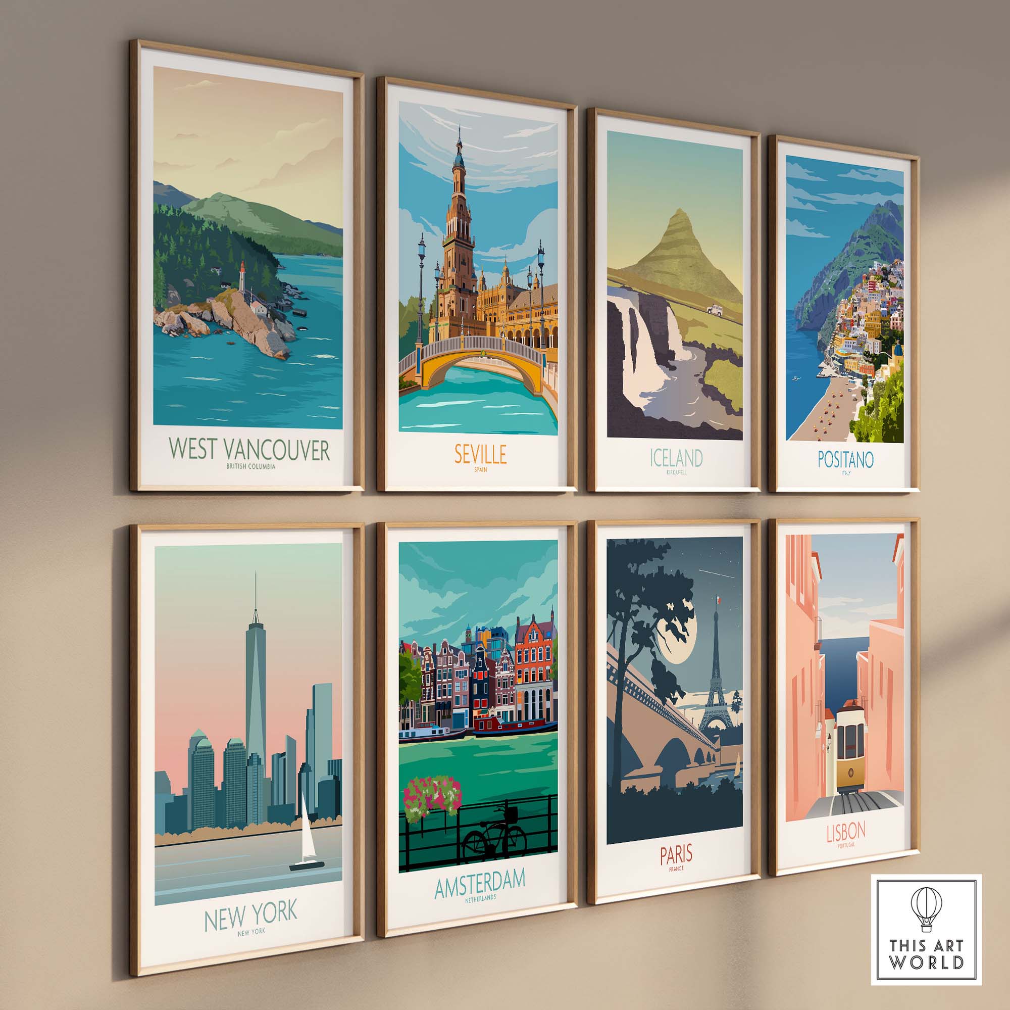 Gallery of travel-themed wall art prints featuring iconic locations like West Vancouver, Seville, and Paris.