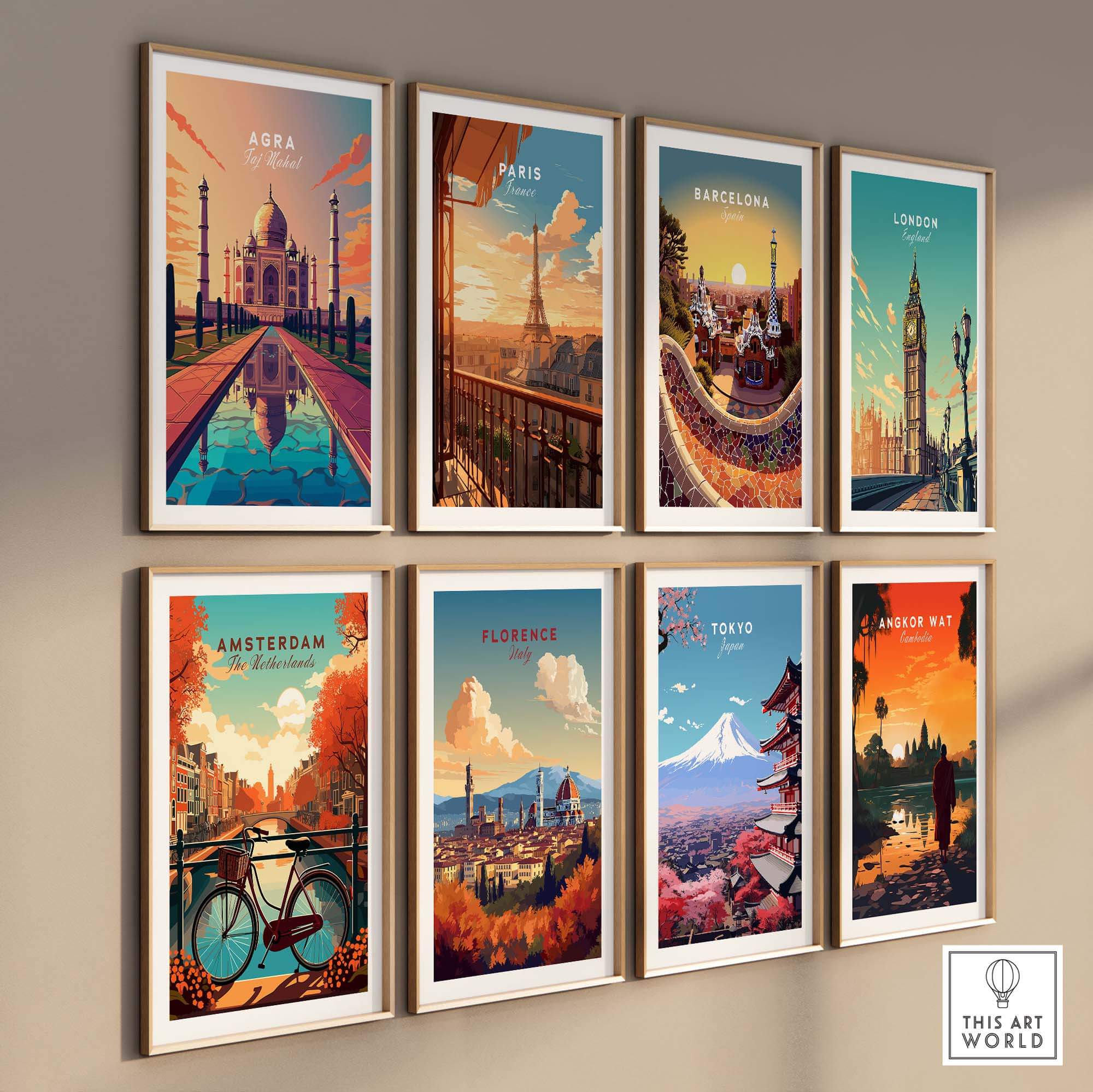 Taj Mahal Agra Wall Art and global city travel prints in vibrant frames for home decor