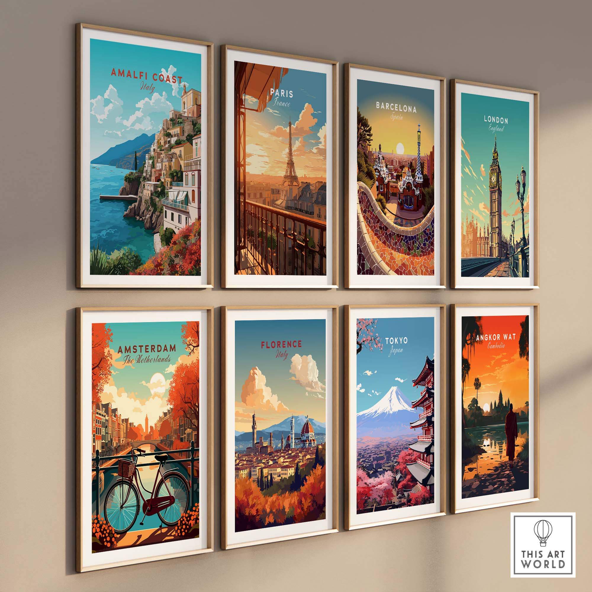 Collection of vibrant travel posters featuring iconic destinations including Amalfi Coast, Paris, Barcelona, and more.