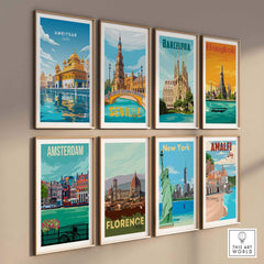 Amritsar India travel poster print and other international city artworks framed on a gallery wall.