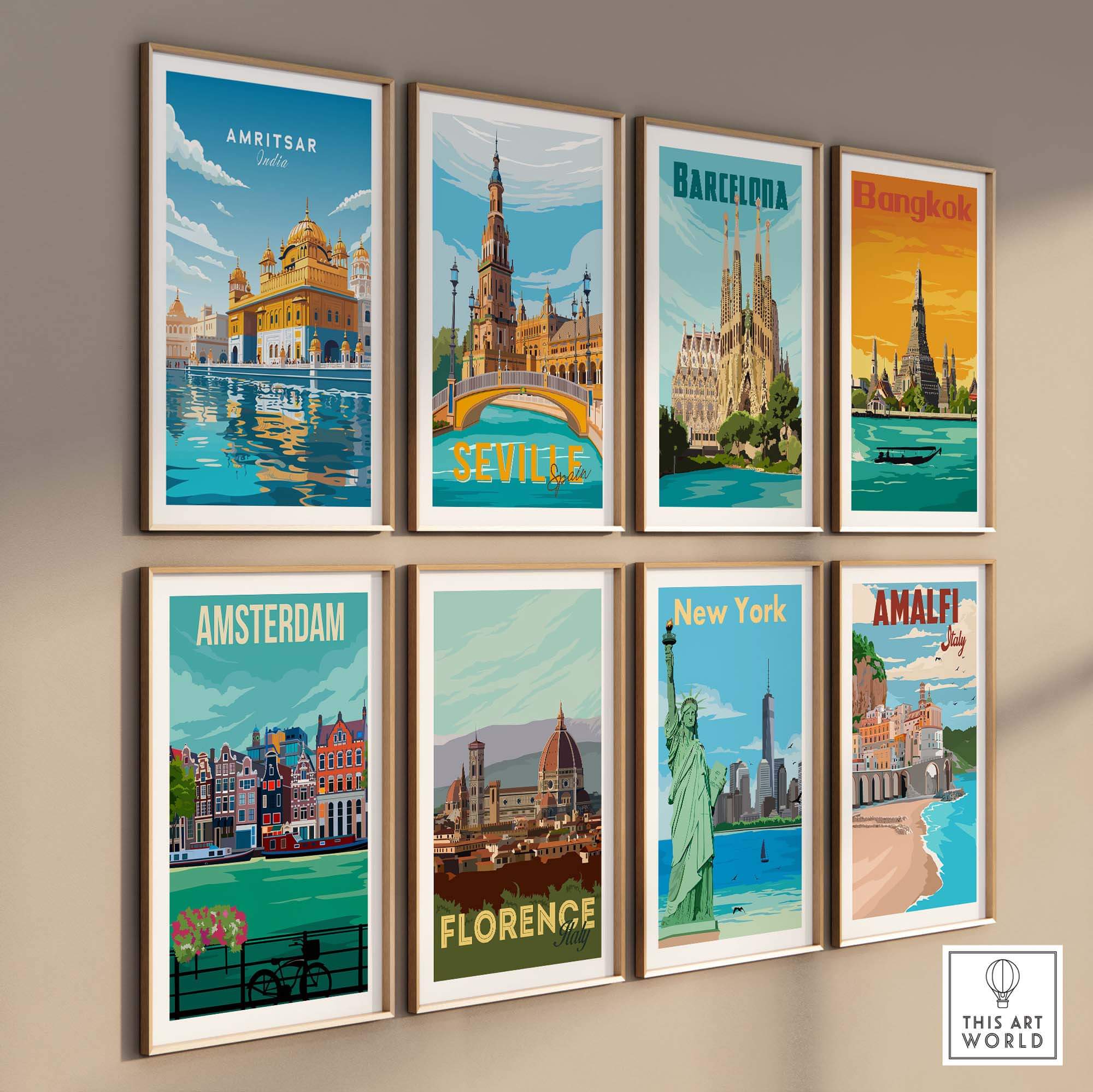 Amritsar India travel poster print and other international city artworks framed on a gallery wall.