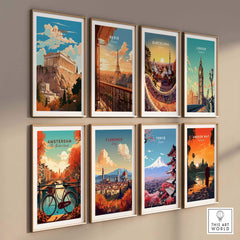 Collection of travel poster prints featuring iconic landmarks from Athens, Paris, Barcelona, London, and more.