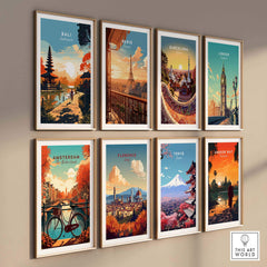 Collection of travel art prints including Bali, Paris, Barcelona, and Tokyo, perfect for home decor.