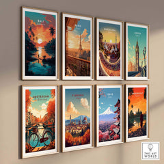 Framed wall art featuring travel destinations including Bali, Paris, Barcelona, and Tokyo in vibrant colors.