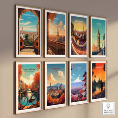 Colorful city posters featuring Barcelona, Paris, London, Amsterdam, Florence, Tokyo, and Angkor Wat displayed on a wall.