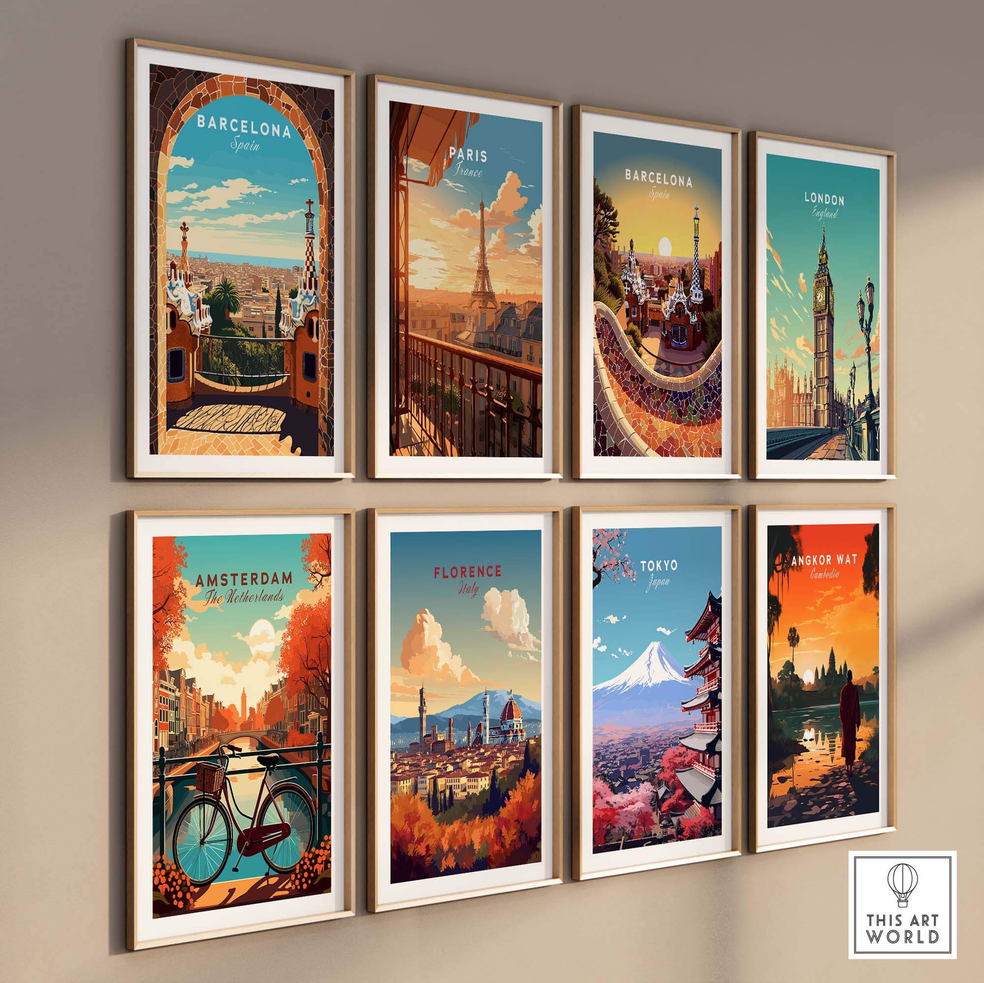 Colorful city posters featuring Barcelona, Paris, London, Amsterdam, Florence, Tokyo, and Angkor Wat displayed on a wall.
