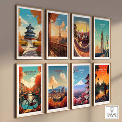 Gallery wall of travel posters featuring iconic cities like Beijing, Paris, London, and Tokyo, showcasing cultural landmarks.