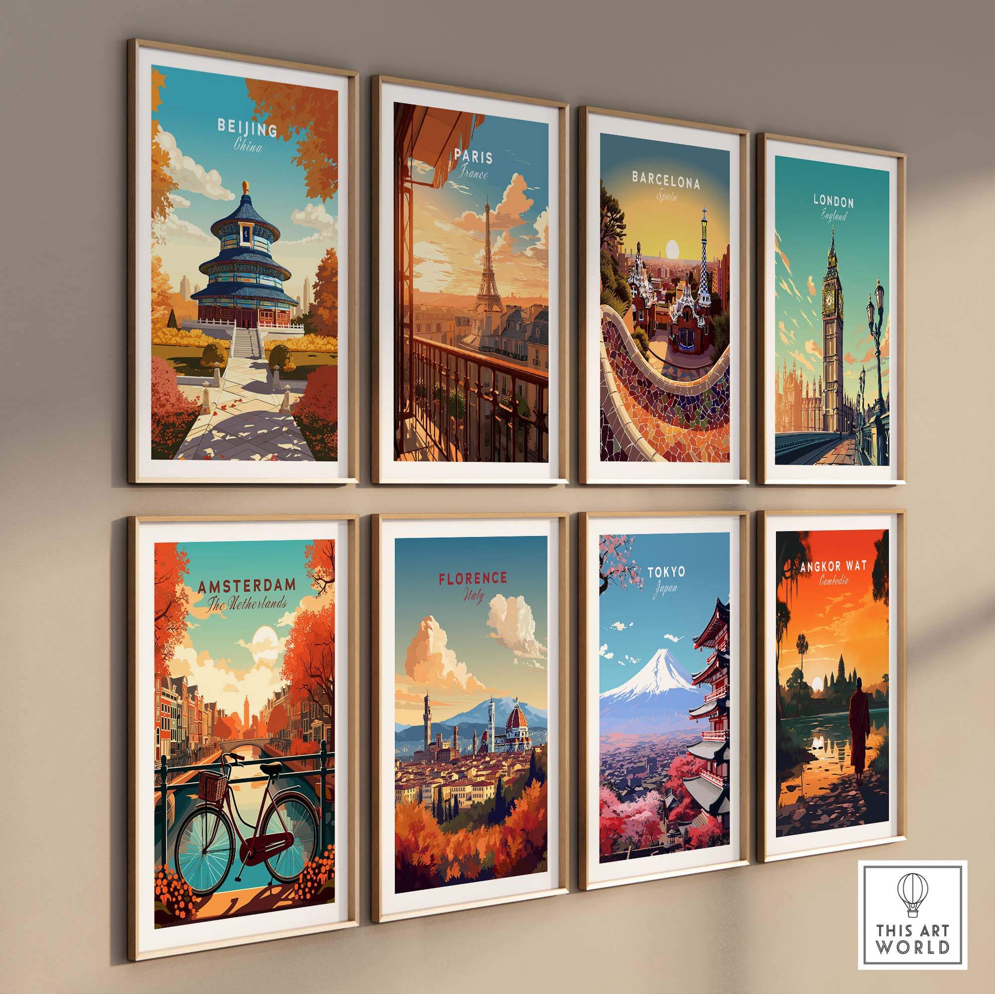 Gallery wall of travel posters featuring iconic cities like Beijing, Paris, London, and Tokyo, showcasing cultural landmarks.
