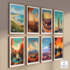Gallery of vibrant art prints featuring landscapes from Cornwall, Paris, Barcelona, London, Amsterdam, Florence, Tokyo, and Angkor Wat.