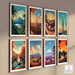 Vibrant travel-themed wall art prints featuring Costa Rica, Paris, Barcelona, London, Amsterdam, Florence, Tokyo, and Angkor Wat.