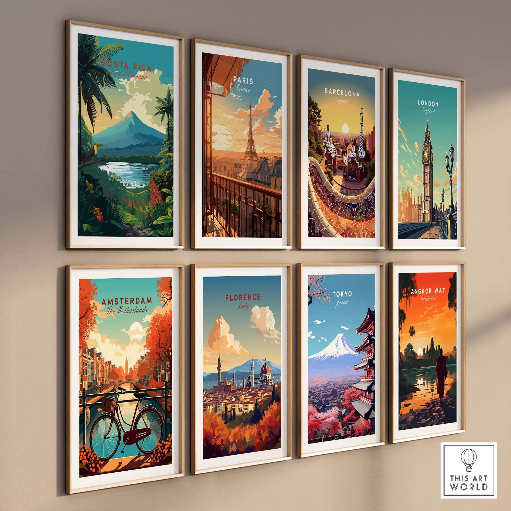 Vibrant travel-themed wall art prints featuring Costa Rica, Paris, Barcelona, London, Amsterdam, Florence, Tokyo, and Angkor Wat.