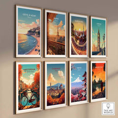 Collection of vibrant travel poster prints featuring Côte d'Azur, Paris, Barcelona, London, Amsterdam, Florence, Tokyo, and Angkor Wat.