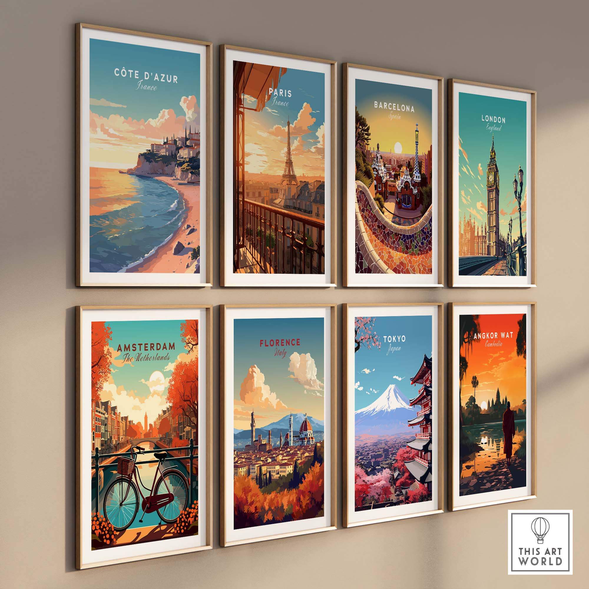 Collection of vibrant travel poster prints featuring Côte d'Azur, Paris, Barcelona, London, Amsterdam, Florence, Tokyo, and Angkor Wat.