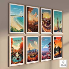 Gallery of travel posters featuring Daymer Bay, Paris, Barcelona, London, Amsterdam, Florence, Tokyo, and Angkor Wat.