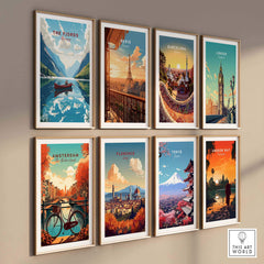 Collection of travel-themed wall art featuring The Fjords, Paris, Barcelona, London, Amsterdam, Florence, Tokyo, and Angkor Wat.