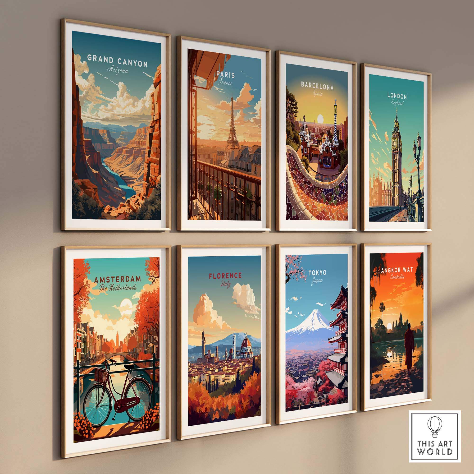 A collection of travel posters featuring the Grand Canyon, Paris, Barcelona, London, Amsterdam, Florence, Tokyo, and Angkor Wat.