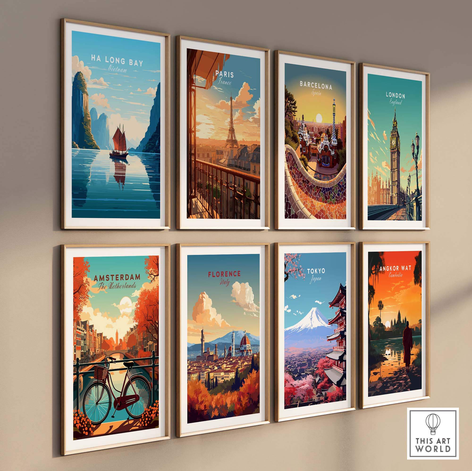 Gallery of travel posters featuring iconic landmarks like Ha Long Bay, Paris, and Tokyo.