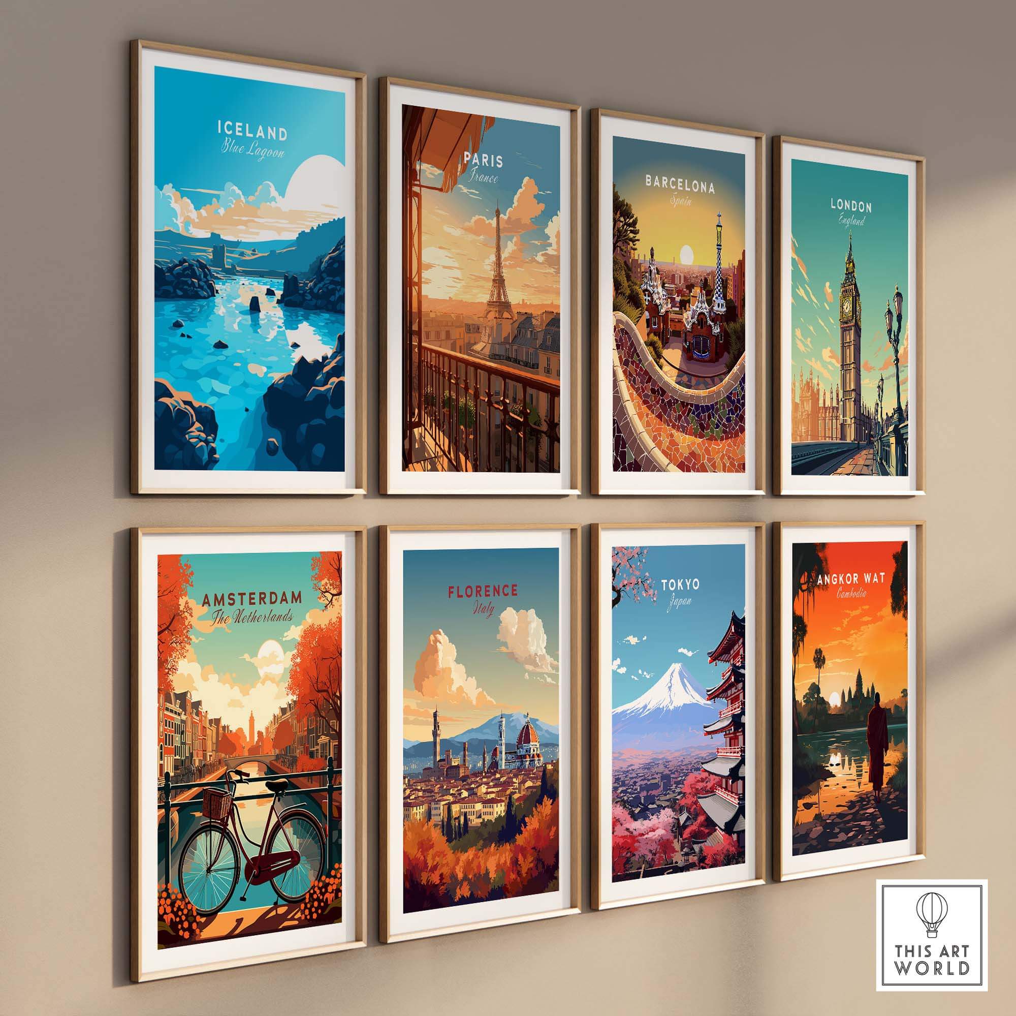 Gallery wall featuring stunning travel posters including Blue Lagoon Iceland, Paris, Barcelona, London, Amsterdam, Florence, Tokyo.