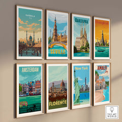 Karbala Iraq travel poster among other global city art prints on a wall, showcasing vibrant destinations and beautiful designs.