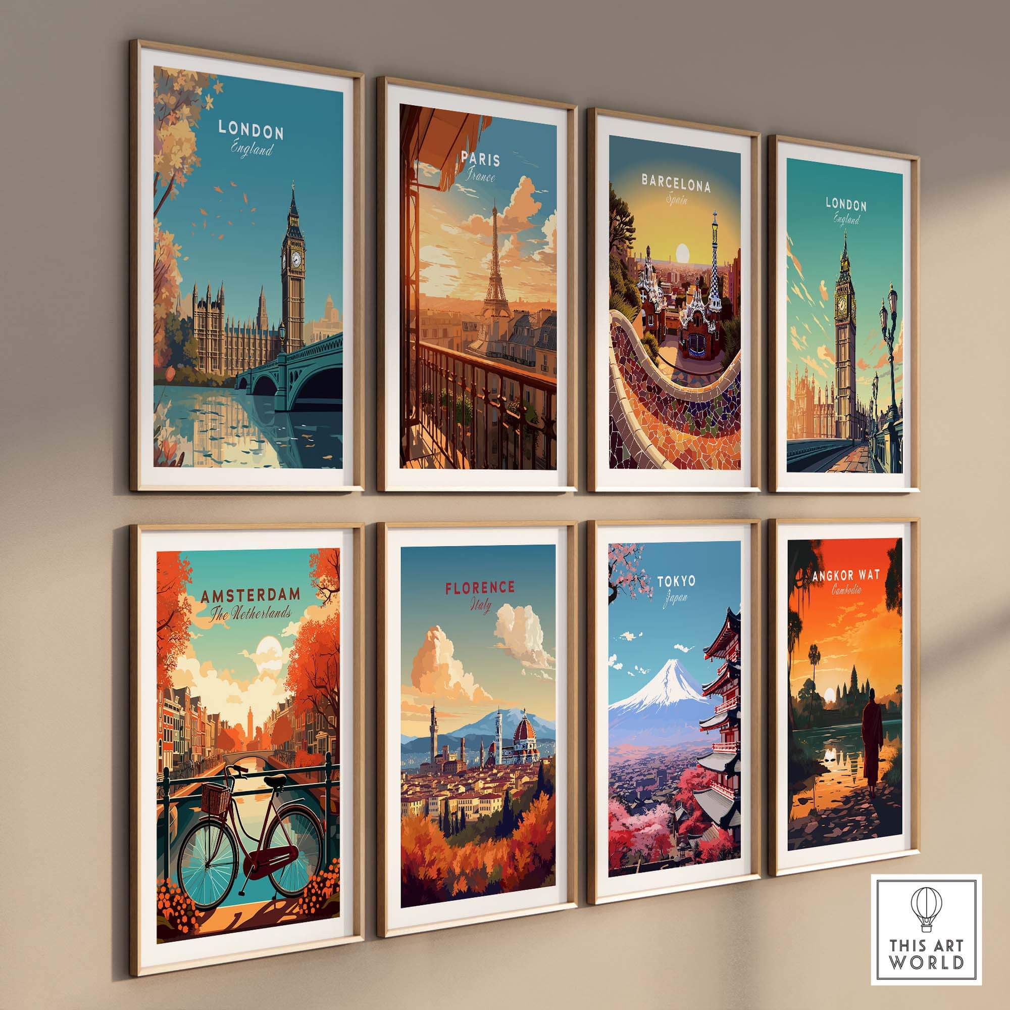 Colorful gallery wall of iconic city prints including London, Paris, Barcelona, and more, perfect for home decor.