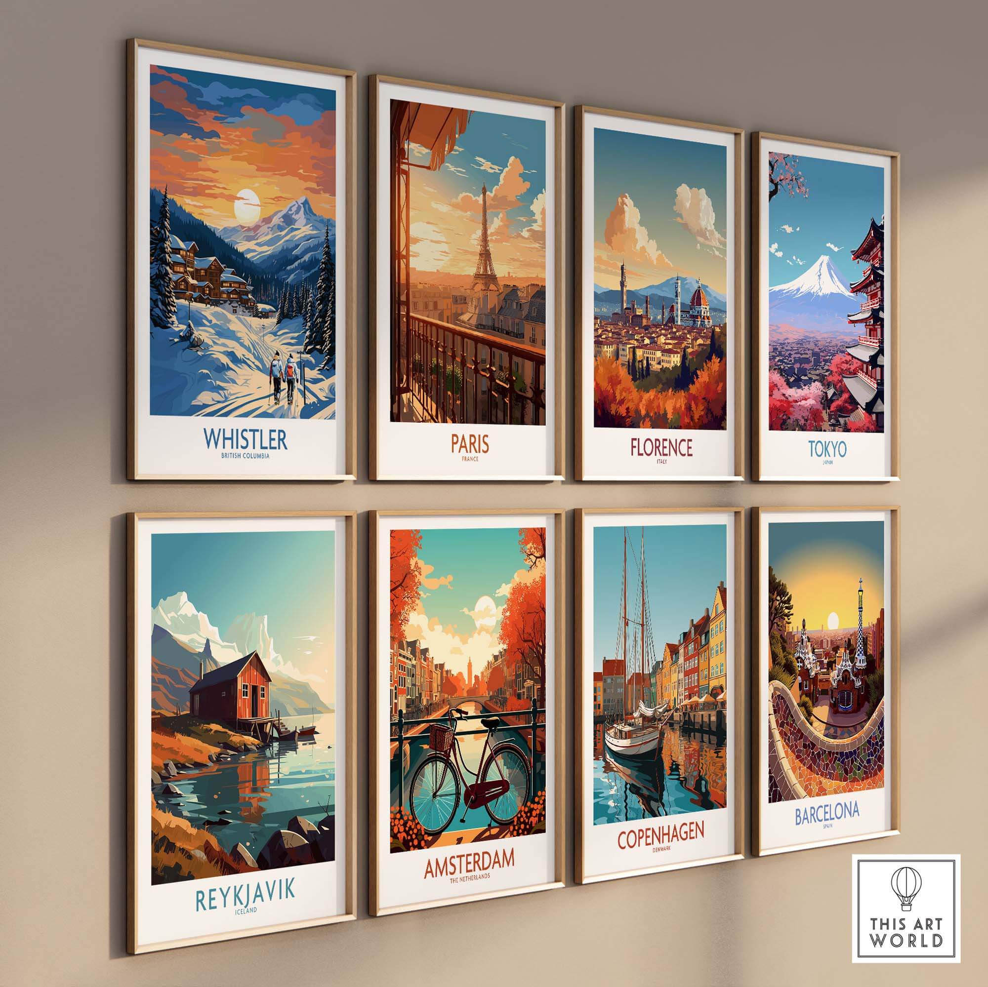 Collection of travel posters including Whistler, Paris, Florence, and Tokyo, showcasing iconic landmarks and scenic views.