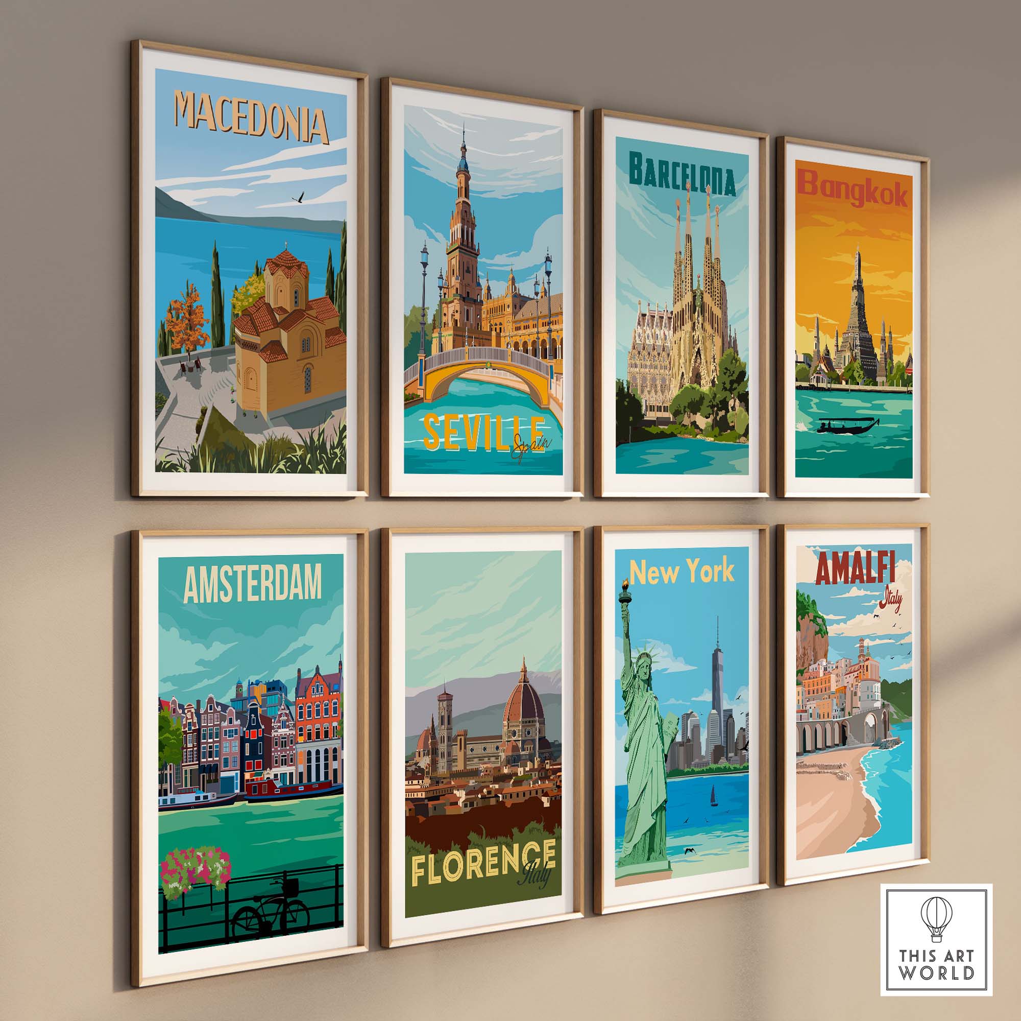 Stylish travel poster prints showcasing Macedonia, Barcelona, Bangkok, Seville, Amsterdam, Florence, New York, and Amalfi.