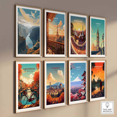 Gallery of iconic city wall art prints featuring Norway, Paris, Barcelona, London, Amsterdam, Florence, Tokyo, and Angkor Wat.